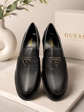 GUESS Black Leather Slip-On Loafers with Gold Logo Plaque